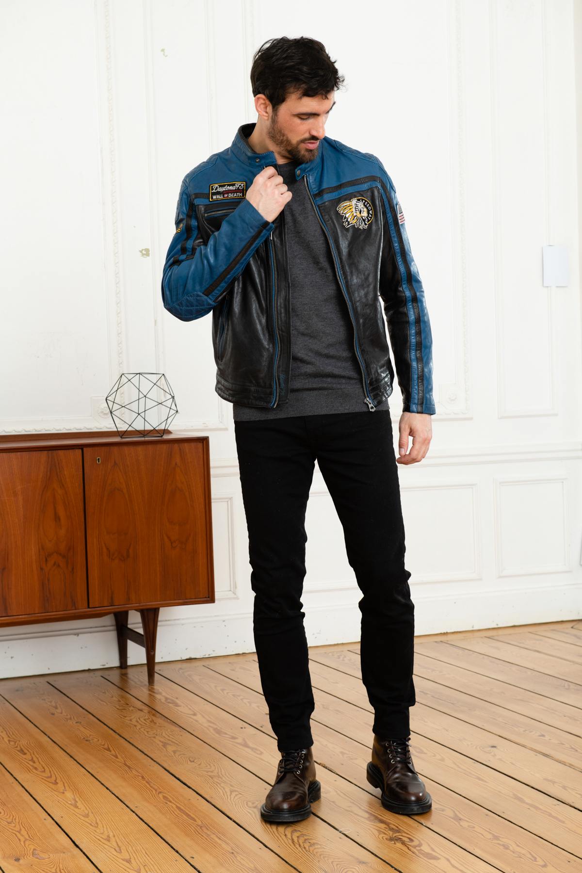 Blue and black biker style jacket - Image n°2