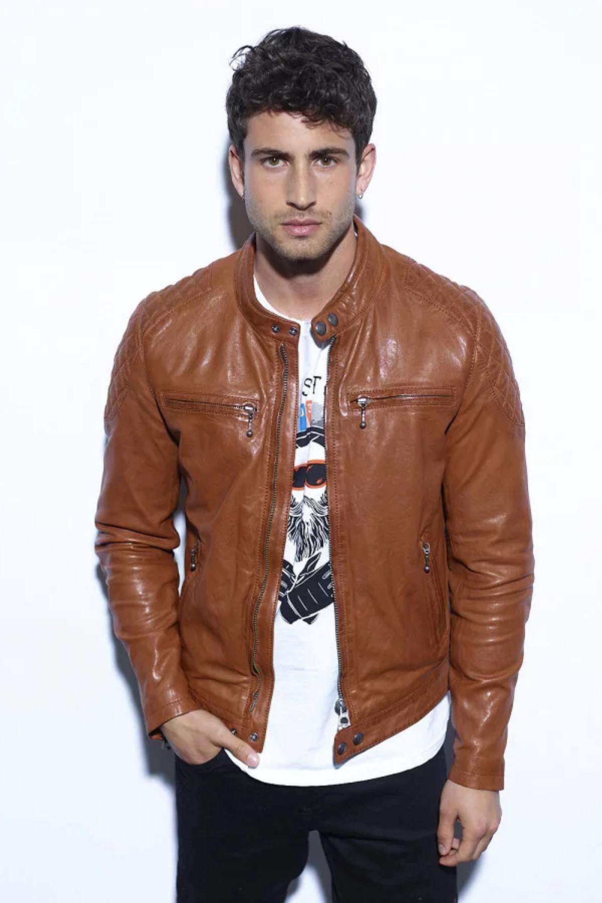 Cognac leather jacket with mandarin collar - Image n°1