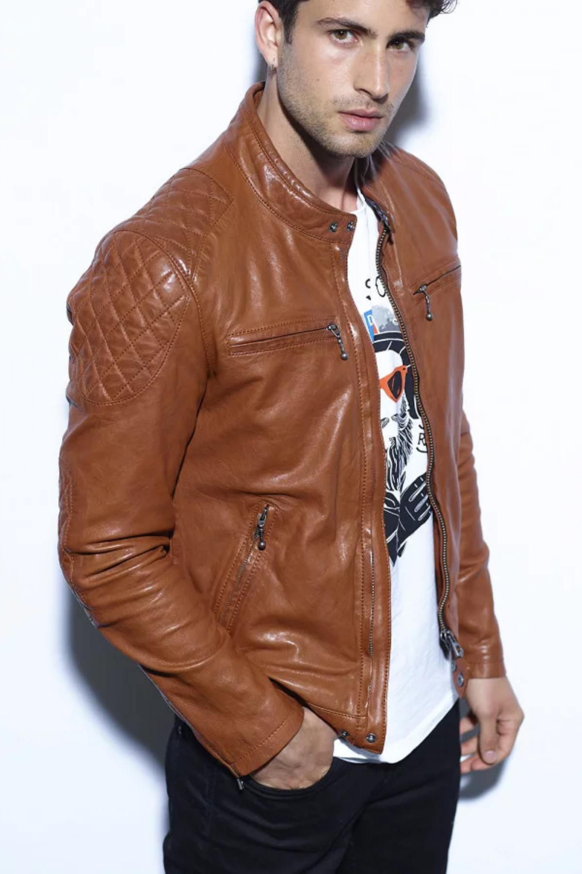 Cognac leather jacket with mandarin collar - Image n°4