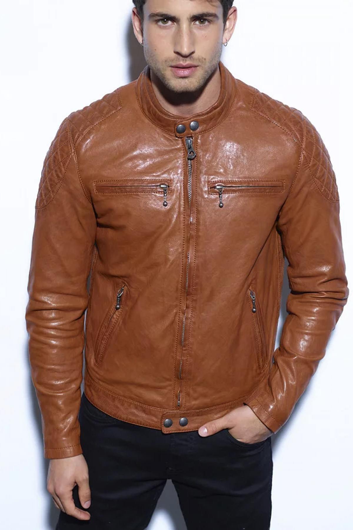 Cognac leather jacket with mandarin collar - Image n°2