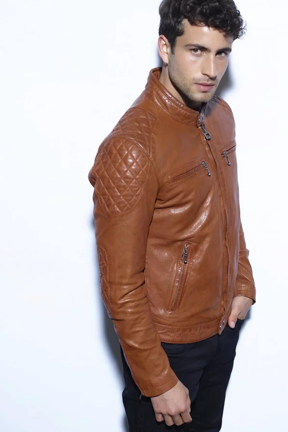 Cognac leather jacket with mandarin collar - Image n°5