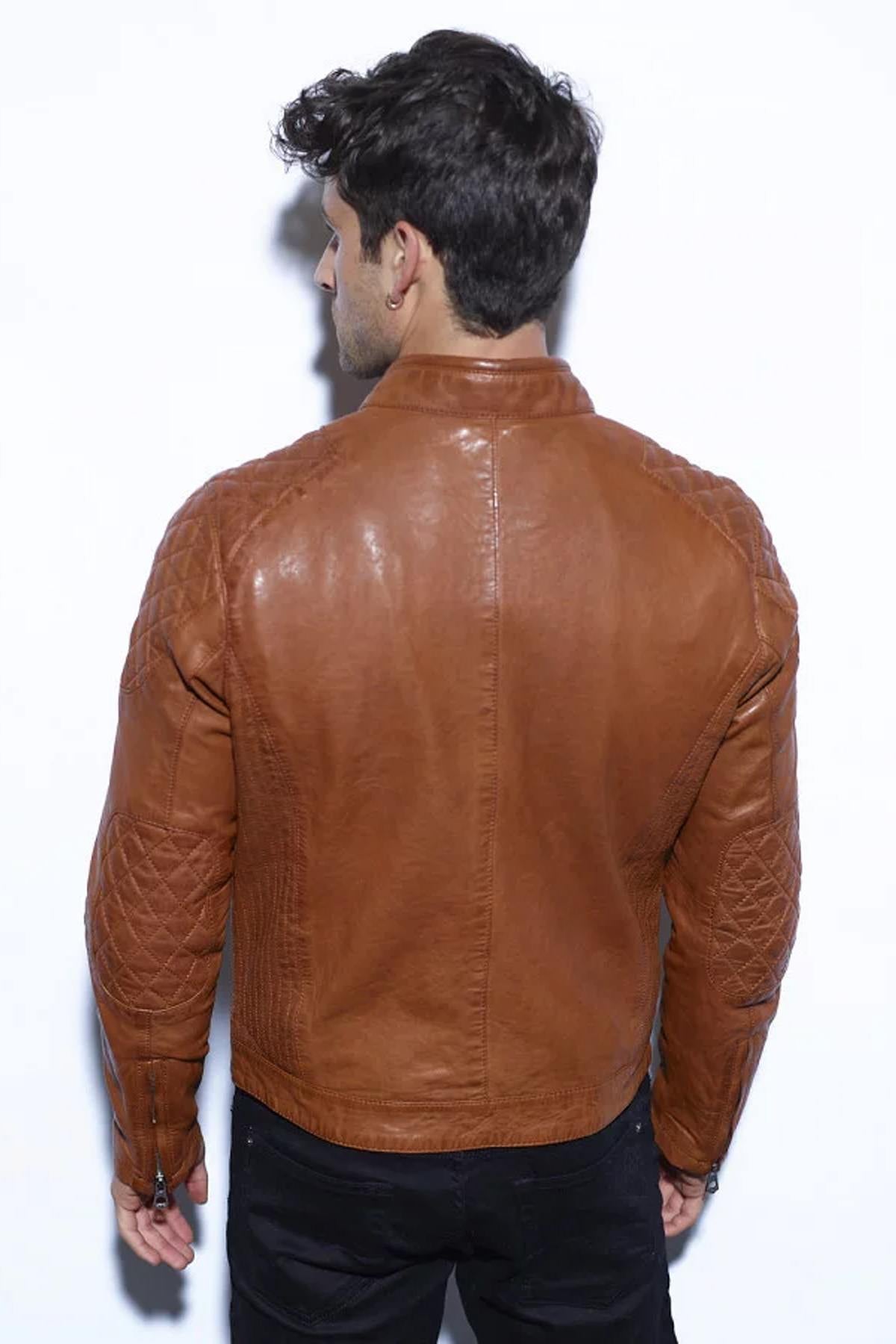 Cognac leather jacket with mandarin collar - Image n°3