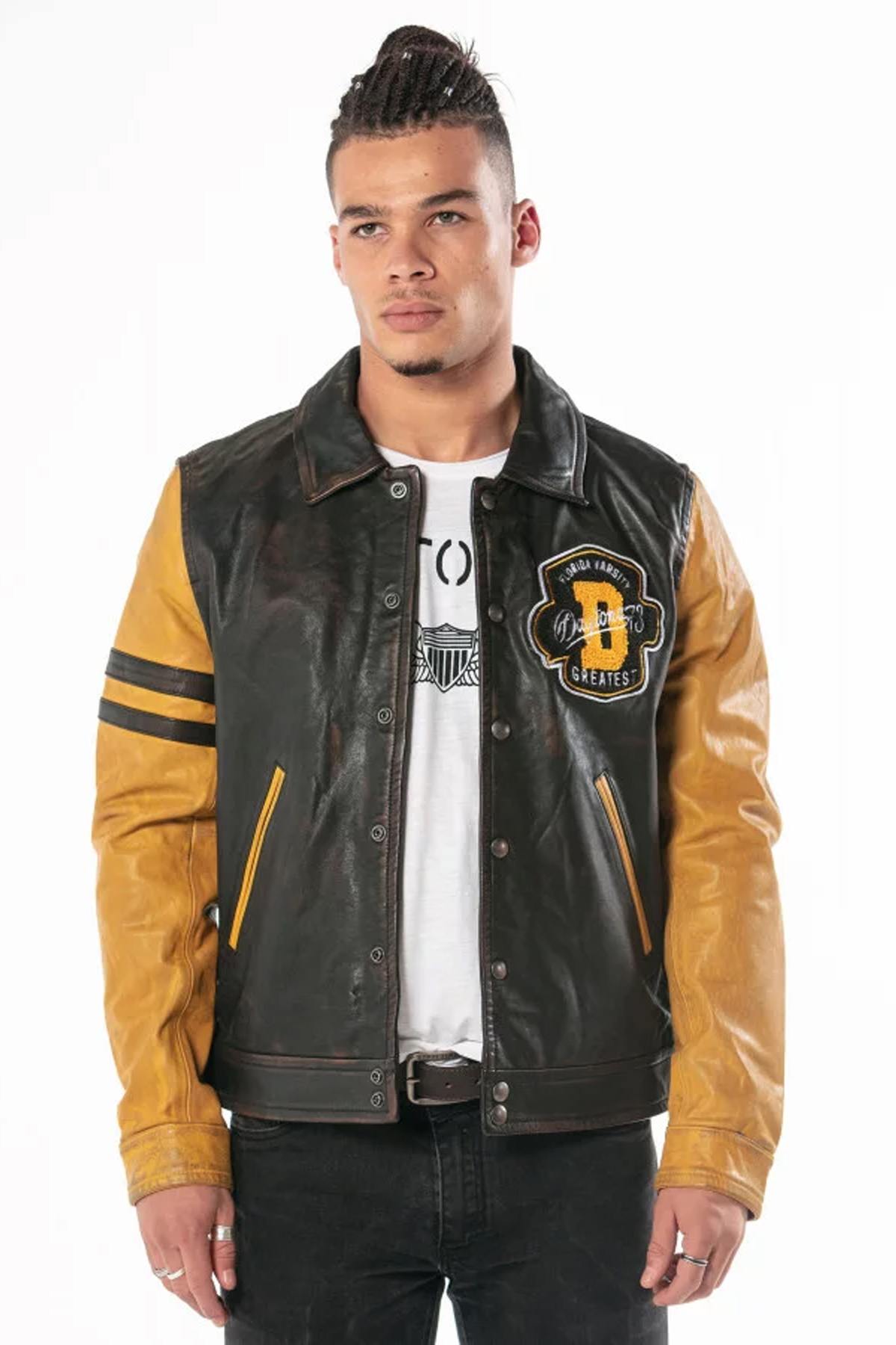 Black and yellow aged leather varsity teddy - Image n°3