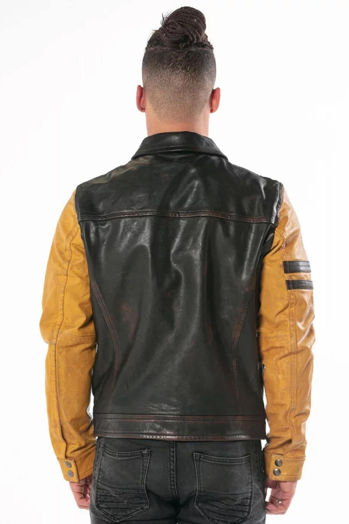 Black and yellow aged leather varsity teddy - Image n°2