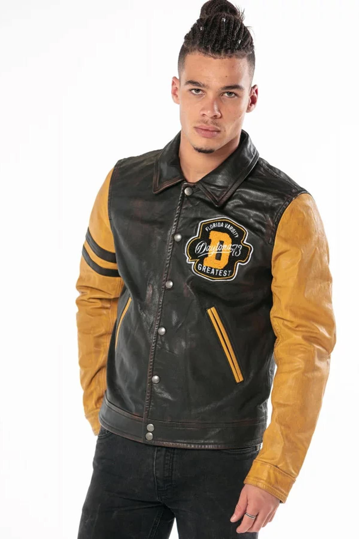 Black and yellow aged leather varsity teddy - Image n°1