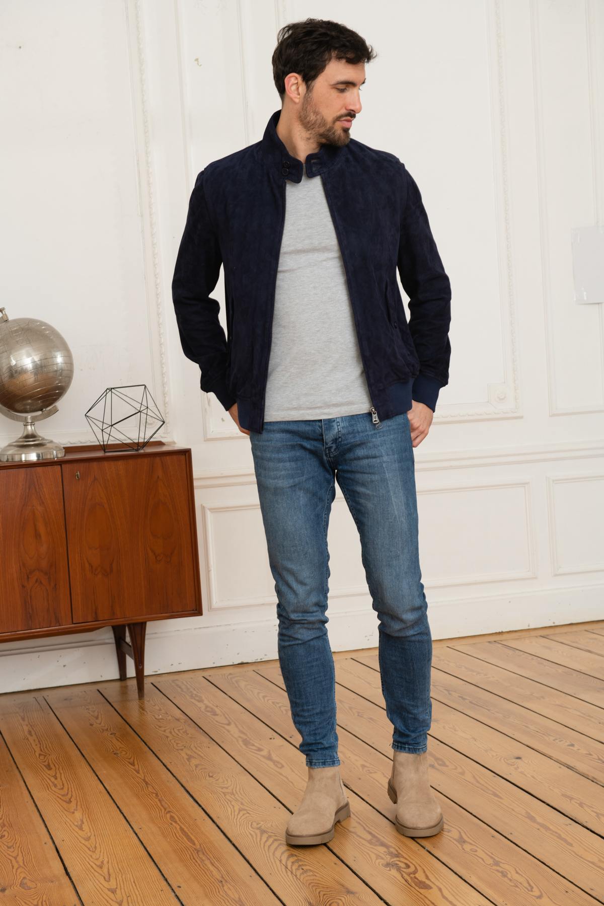 Navy blue suede leather jacket - Image n°2