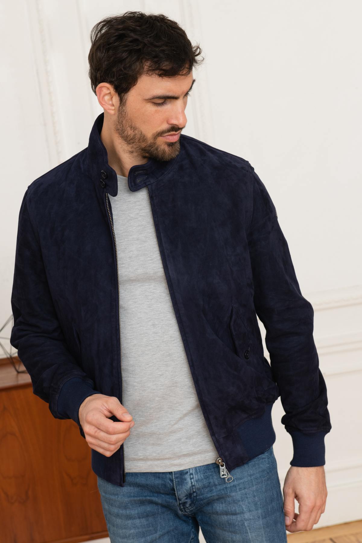 Navy blue suede leather jacket - Image n°4