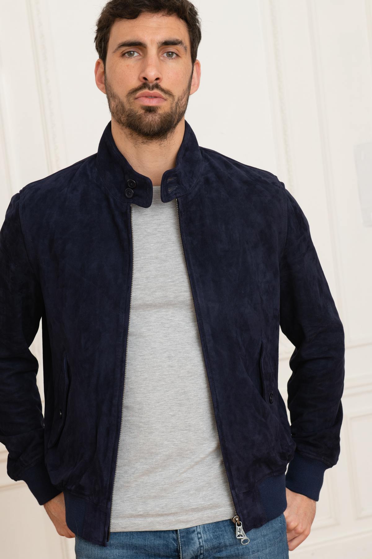 Navy blue suede leather jacket - Image n°1