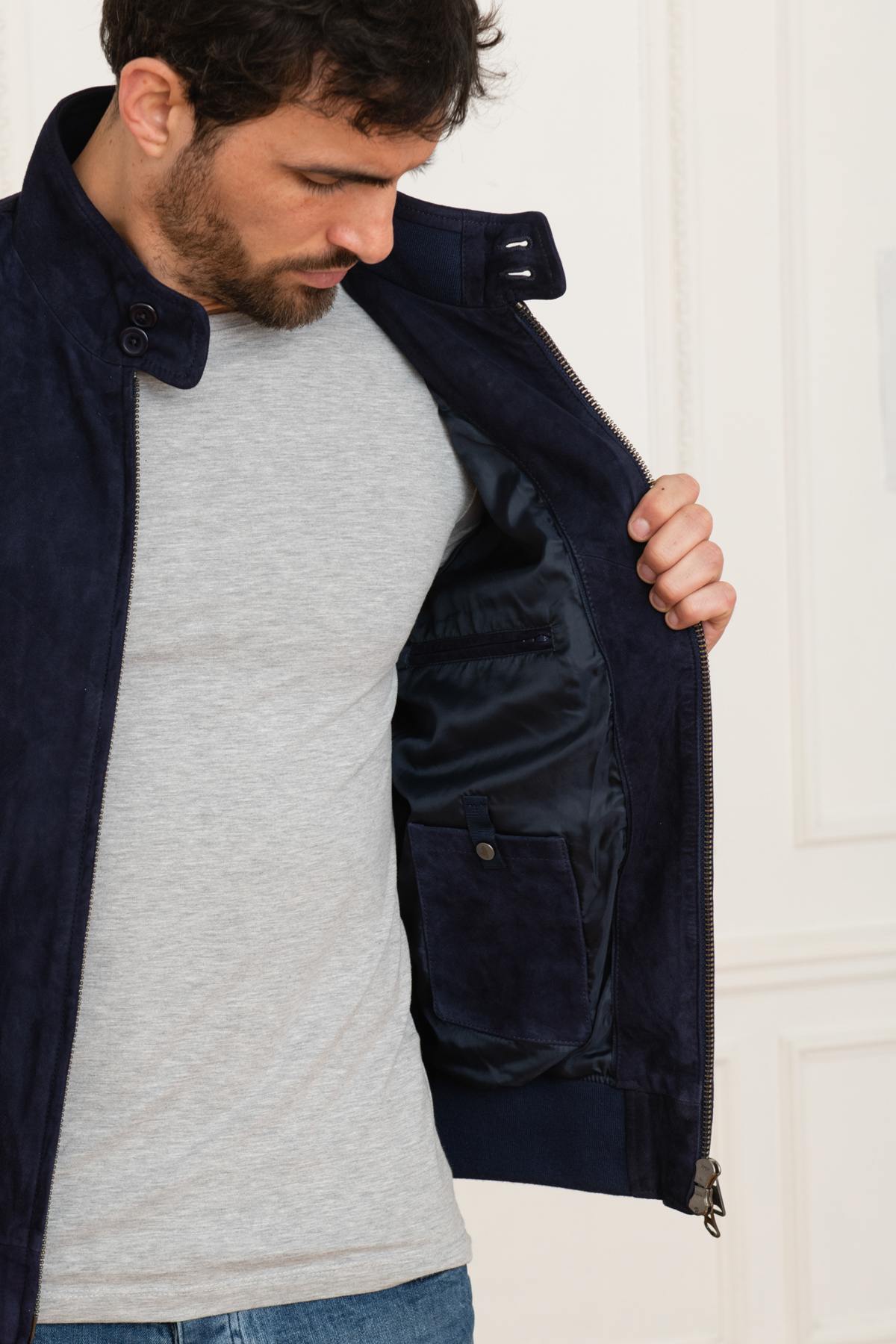 Navy blue suede leather jacket - Image n°5