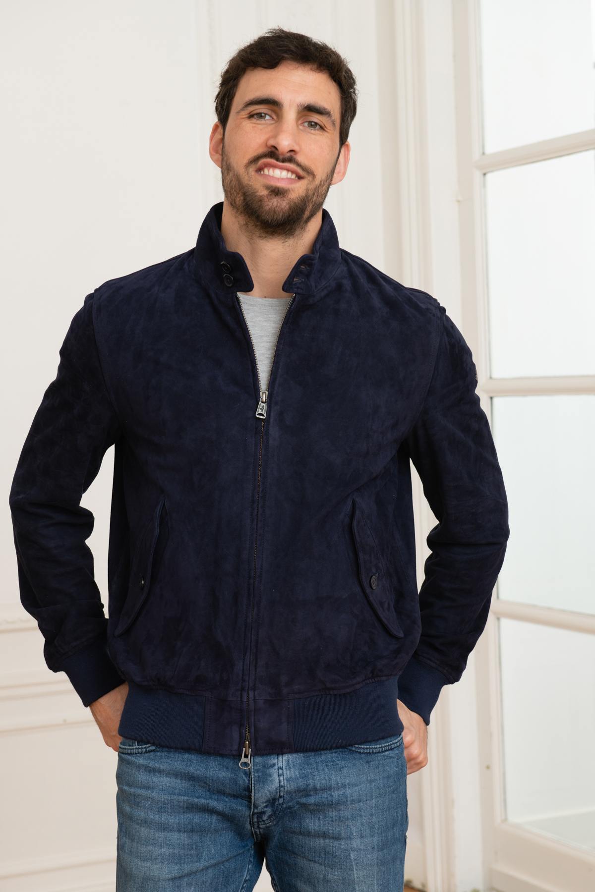 Navy blue suede leather jacket - Image n°9