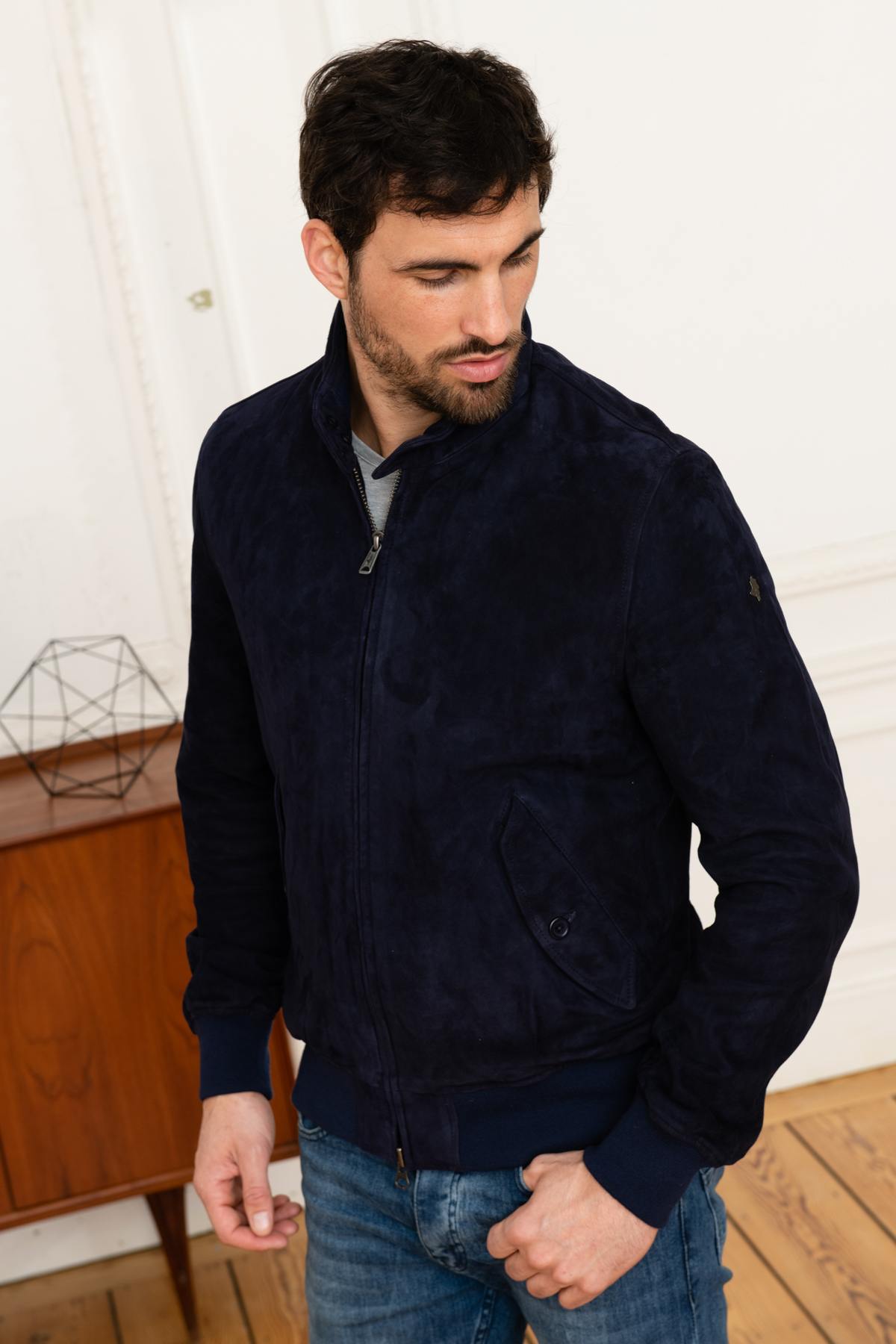 Navy blue suede leather jacket - Image n°6