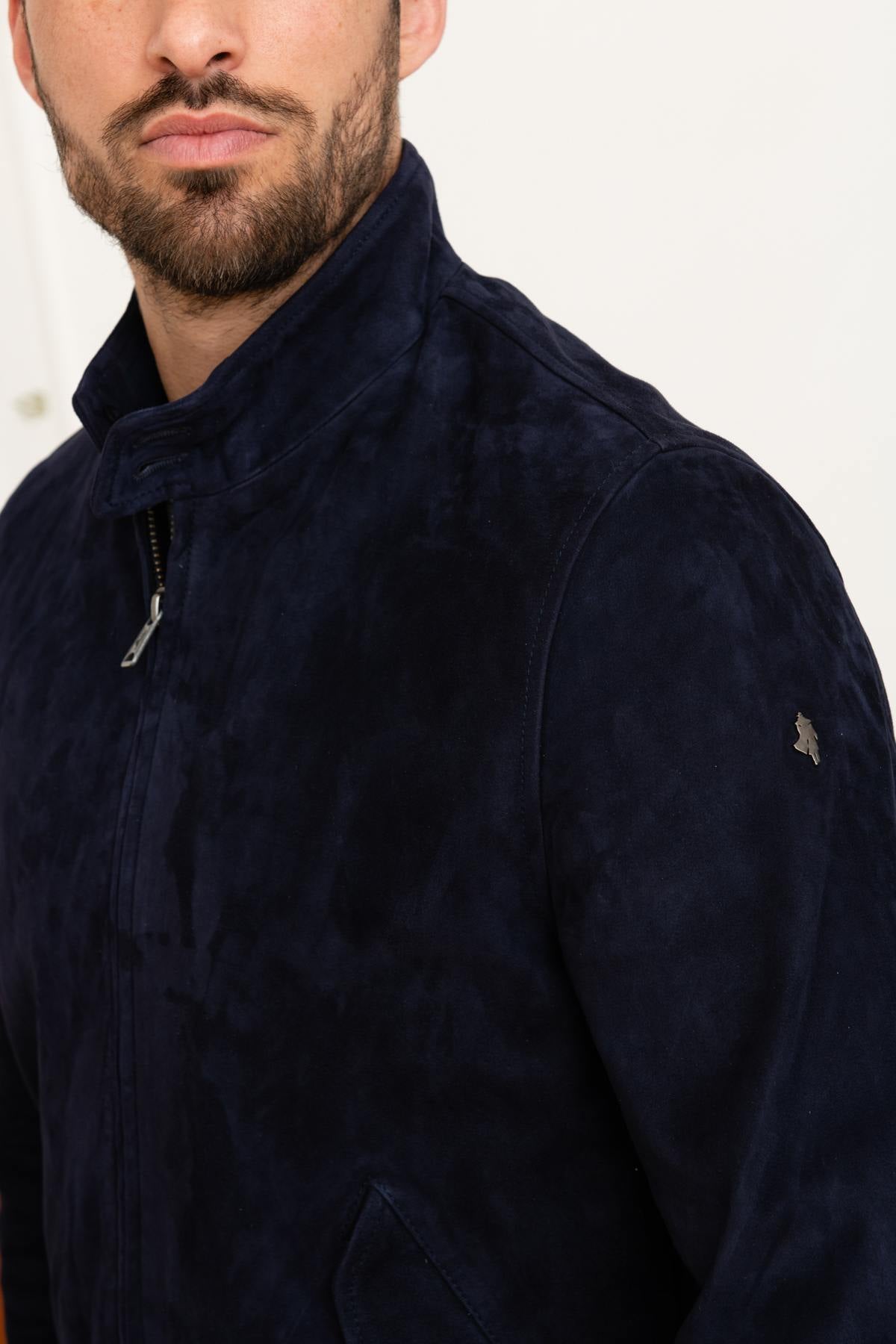 Navy blue suede leather jacket - Image n°7