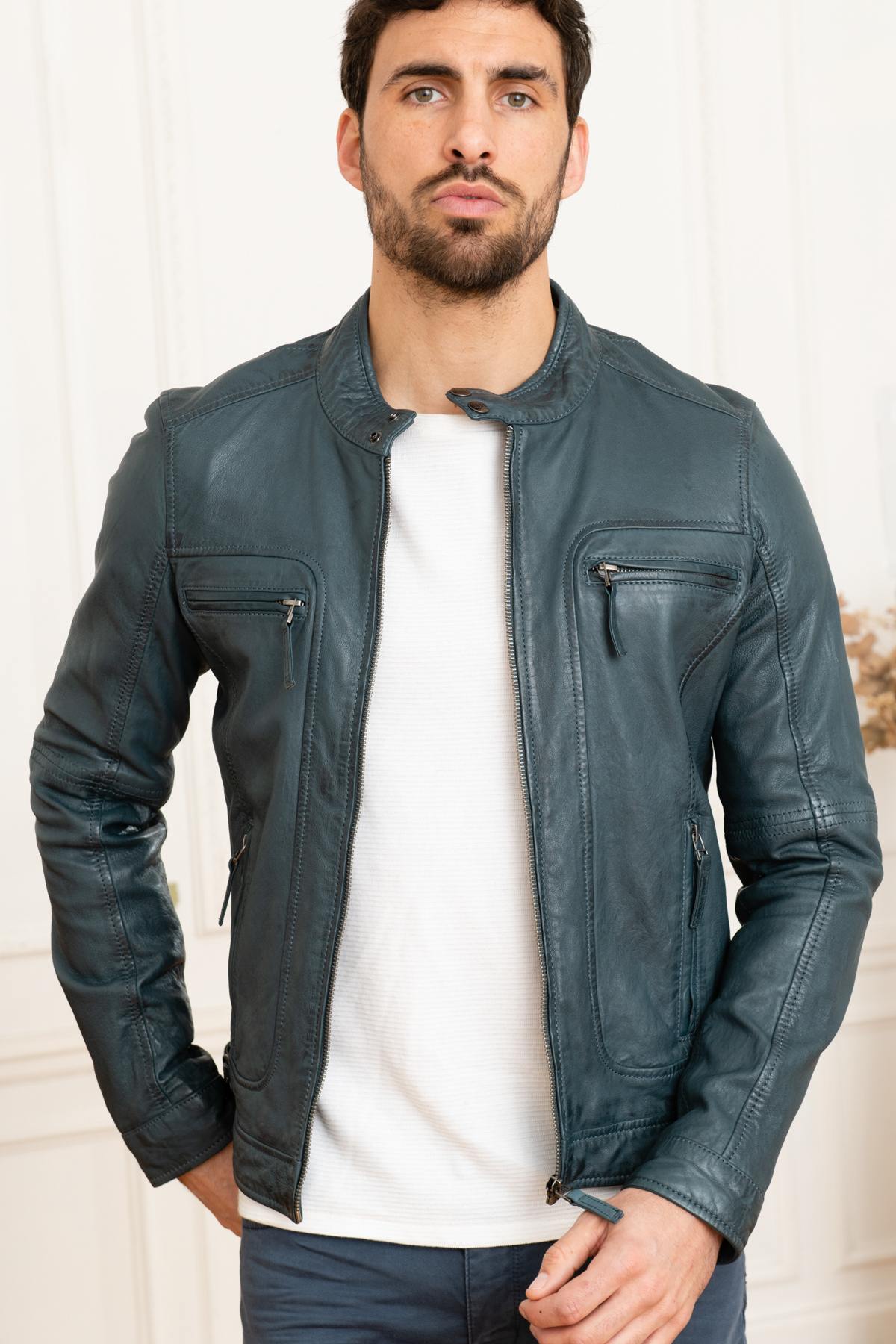 Blue leather jacket with mandarin collar - Image n°3