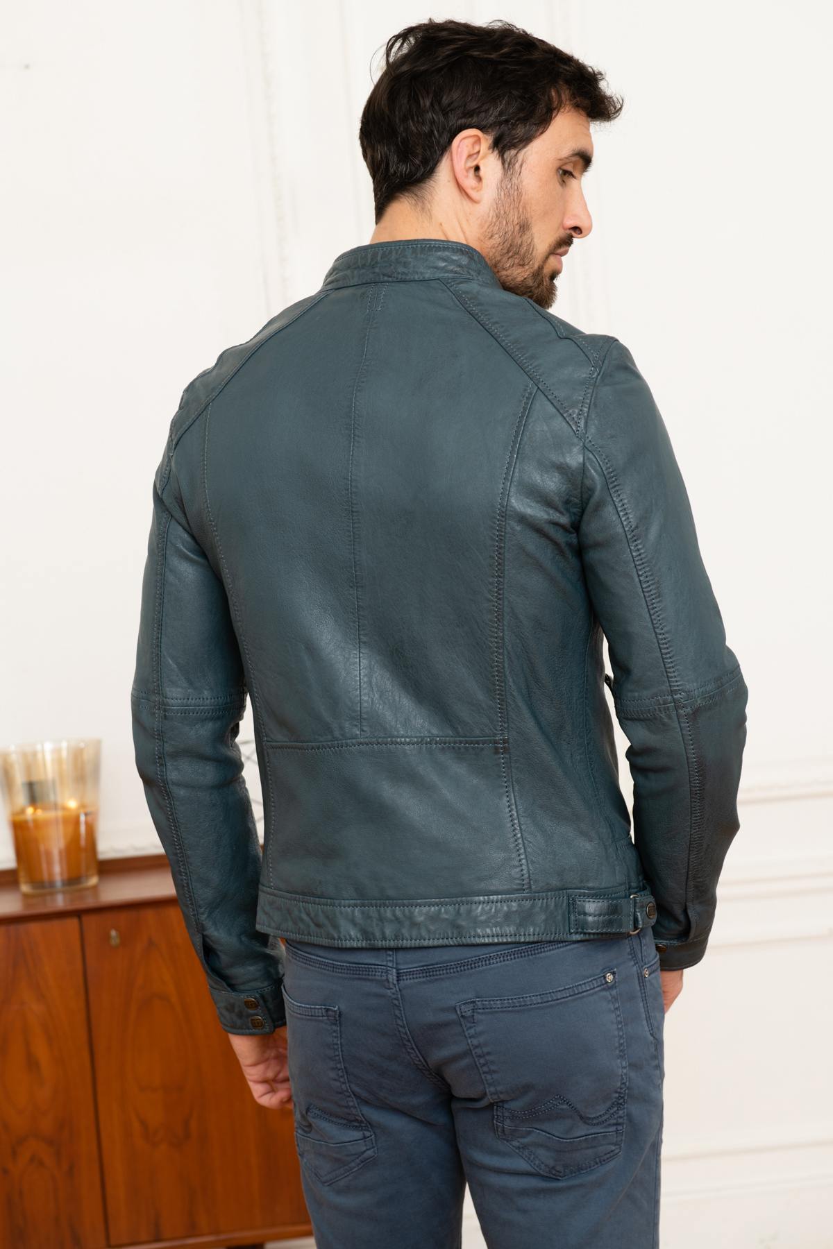 Blue leather jacket with mandarin collar - Image n°5