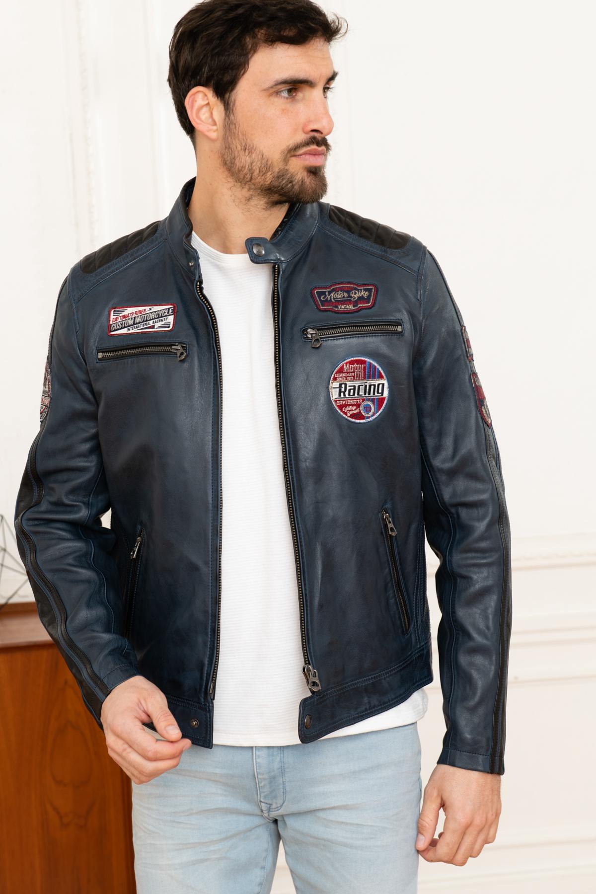  Dark blue motorsport leather jacket - Image n°1