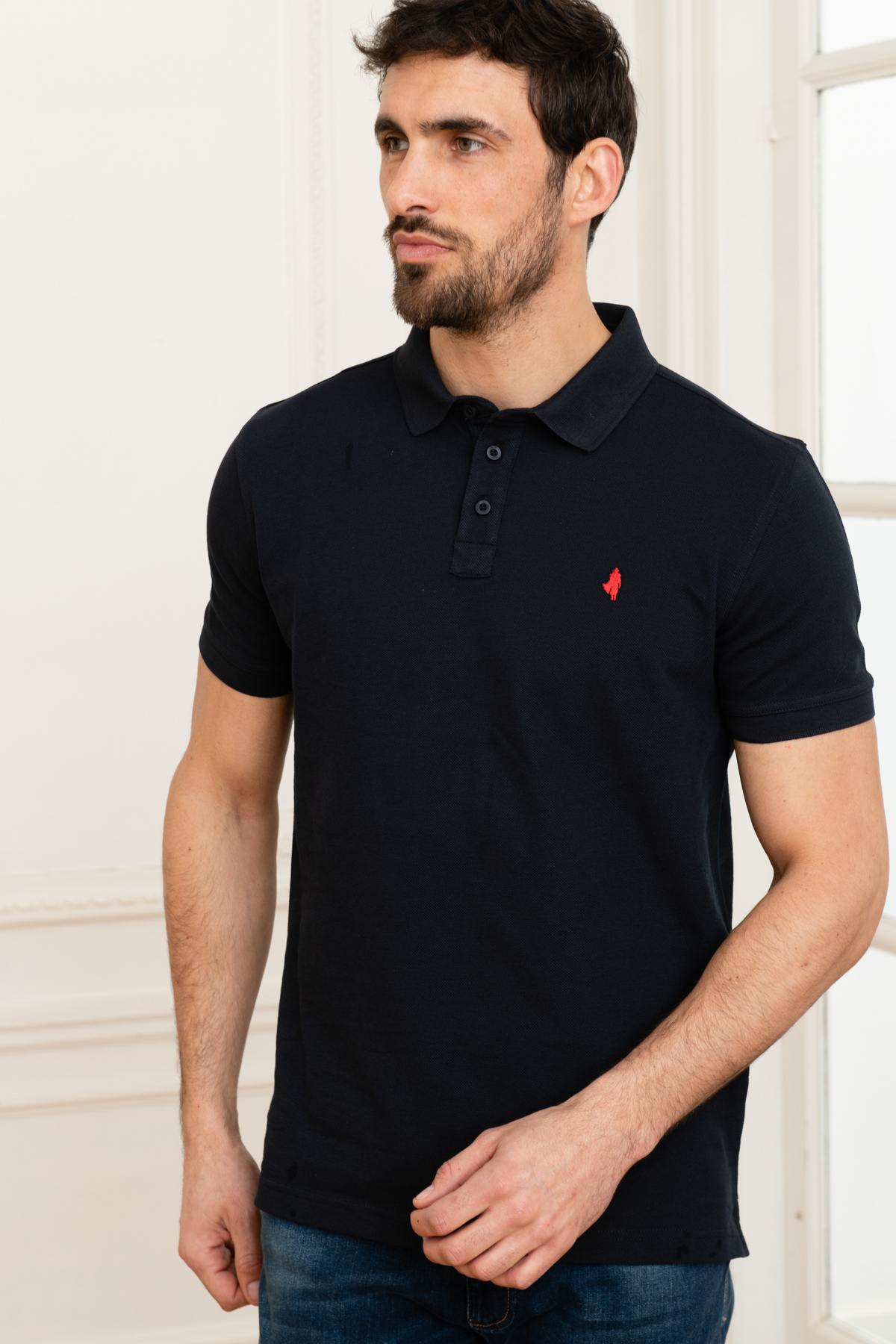 Men's plain navy blue polo shirt - Image n°1