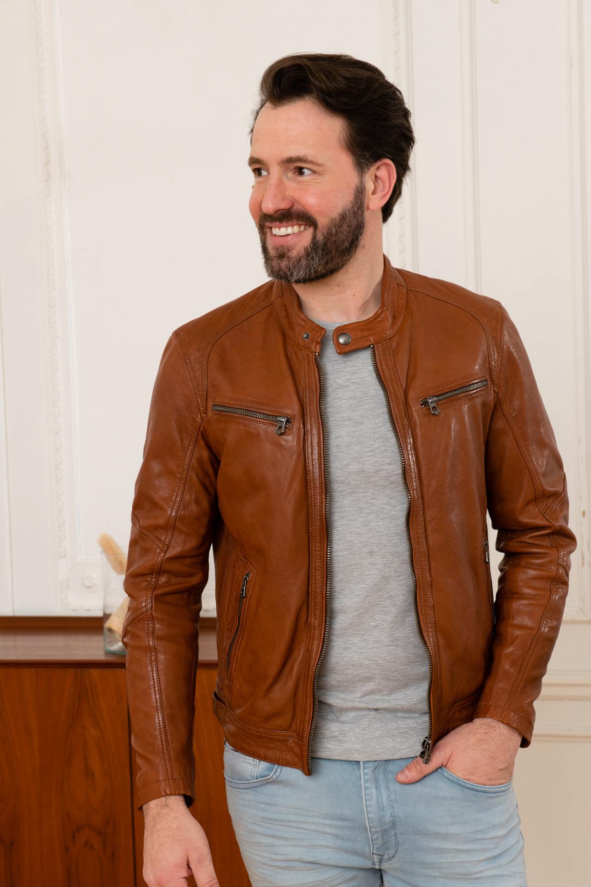 Cognac leather jacket - Image n°3