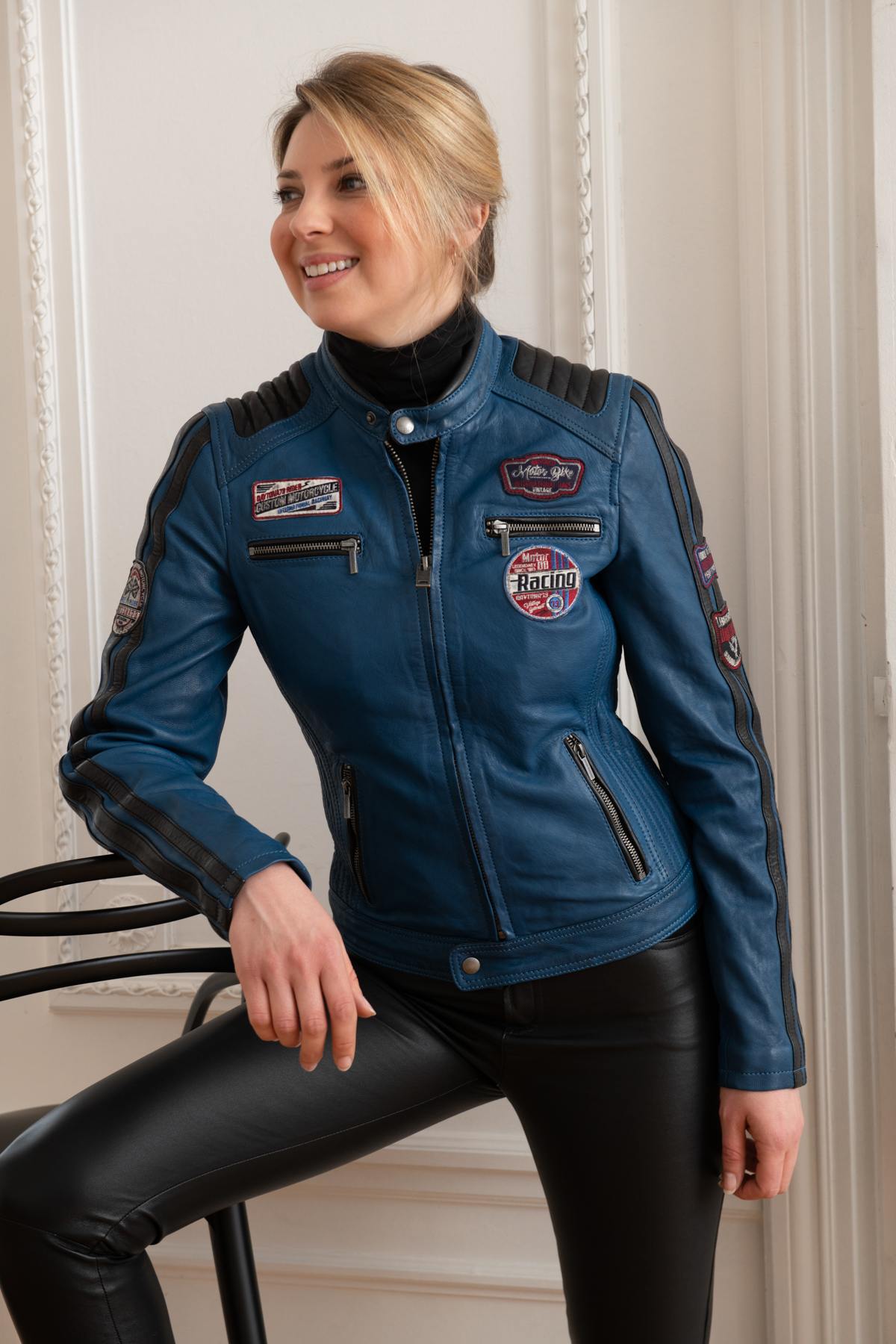 Blue leather jacket with biker patches - Image n°1