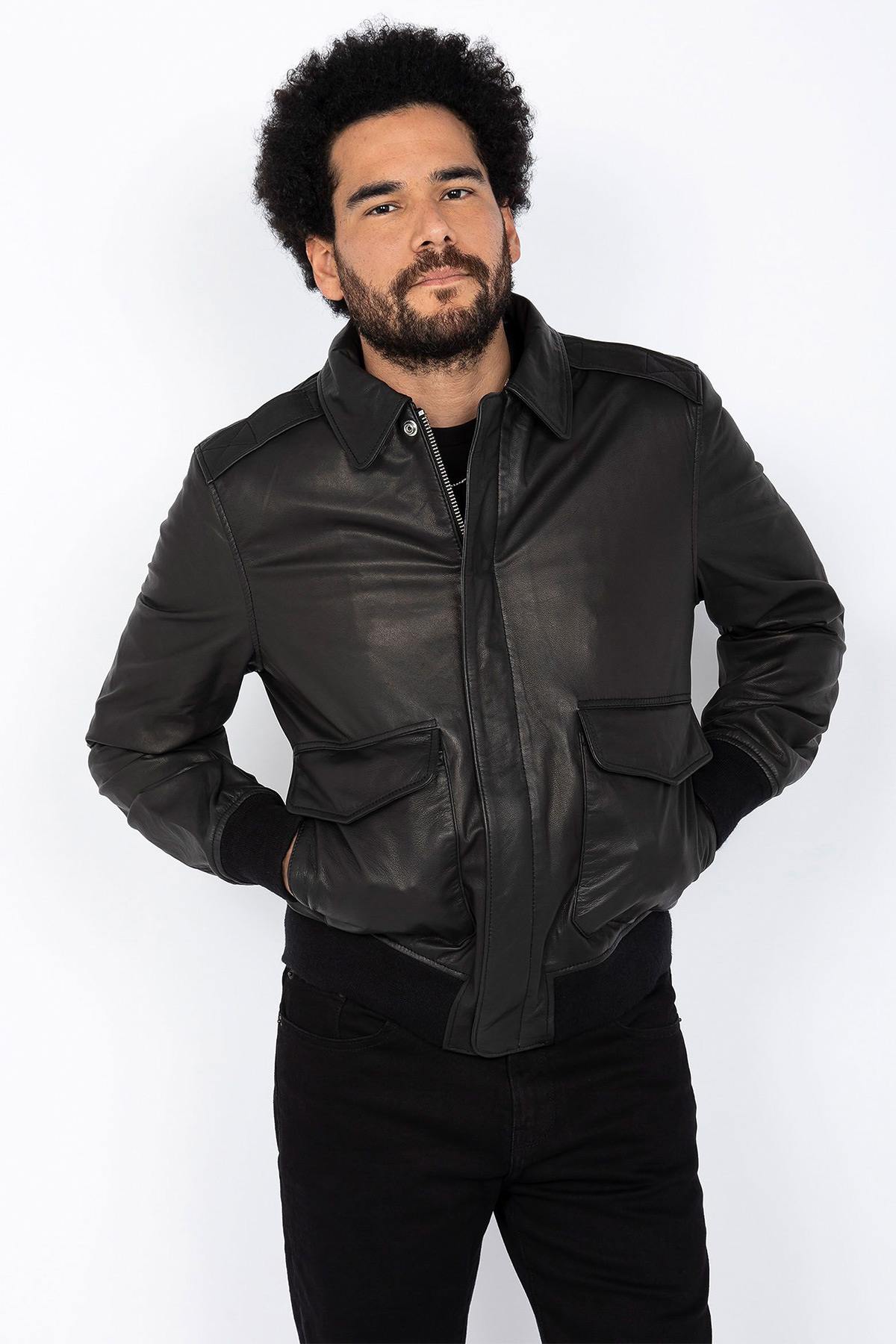 Pilot-style jacket in smooth goatskin leather - Image n°1