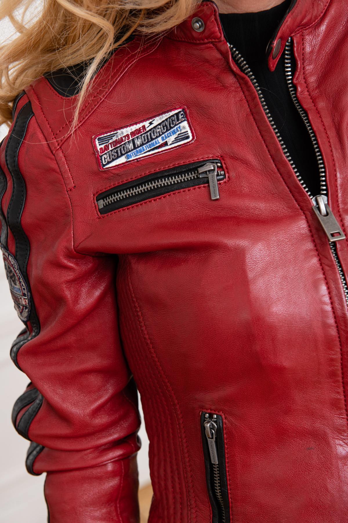 Red leather biker-style jacket - Image n°9