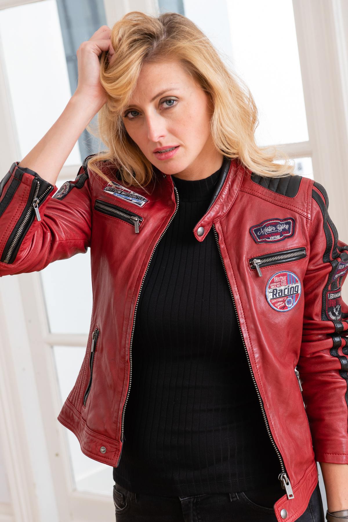 Red leather biker-style jacket - Image n°3