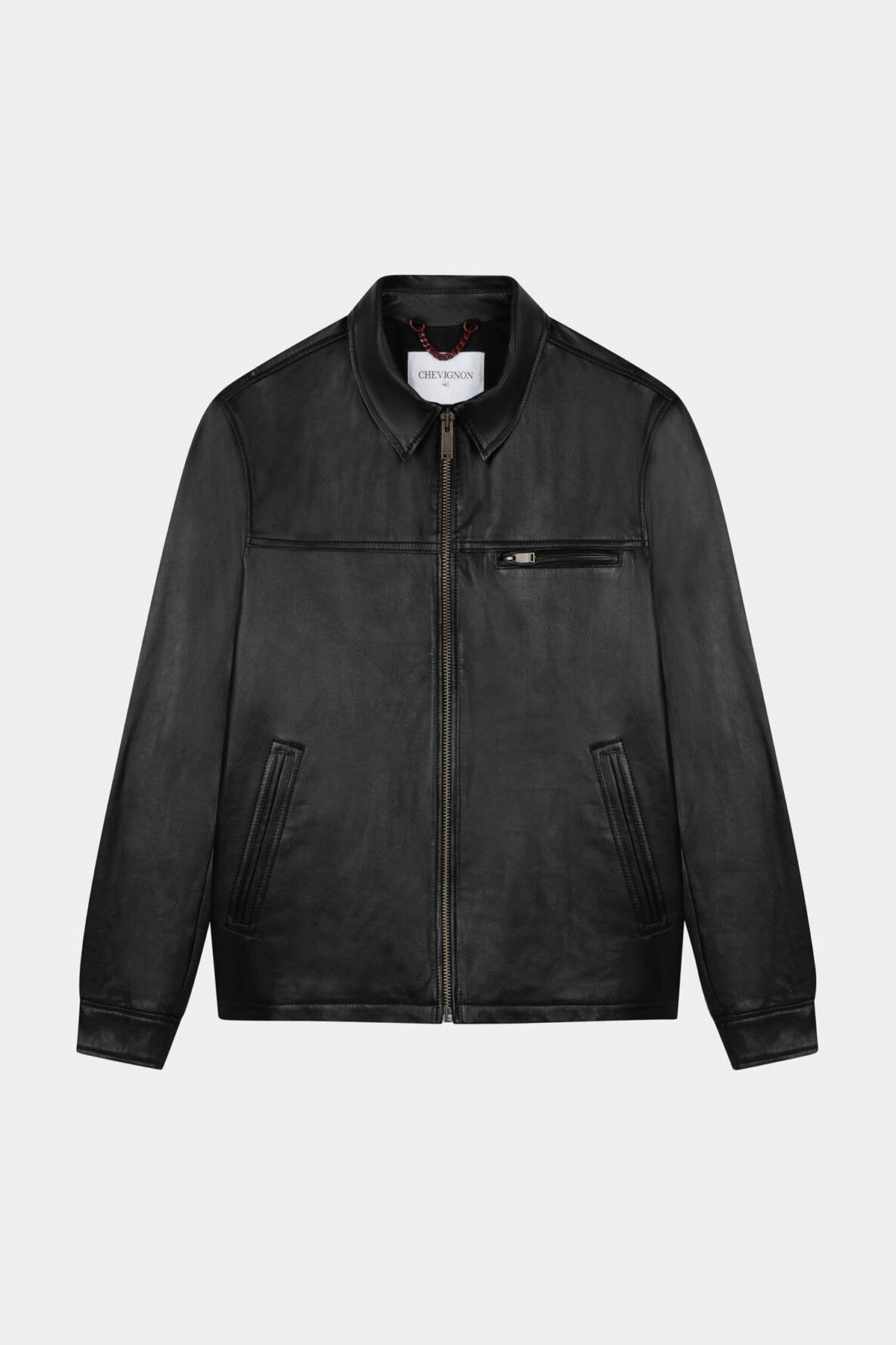 Black lambskin leather jacket with shirt collar - Image n°11