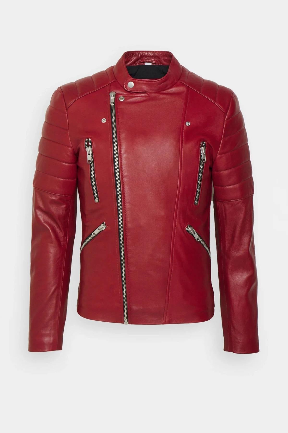 Men's red leather padded jacket - Image n°1