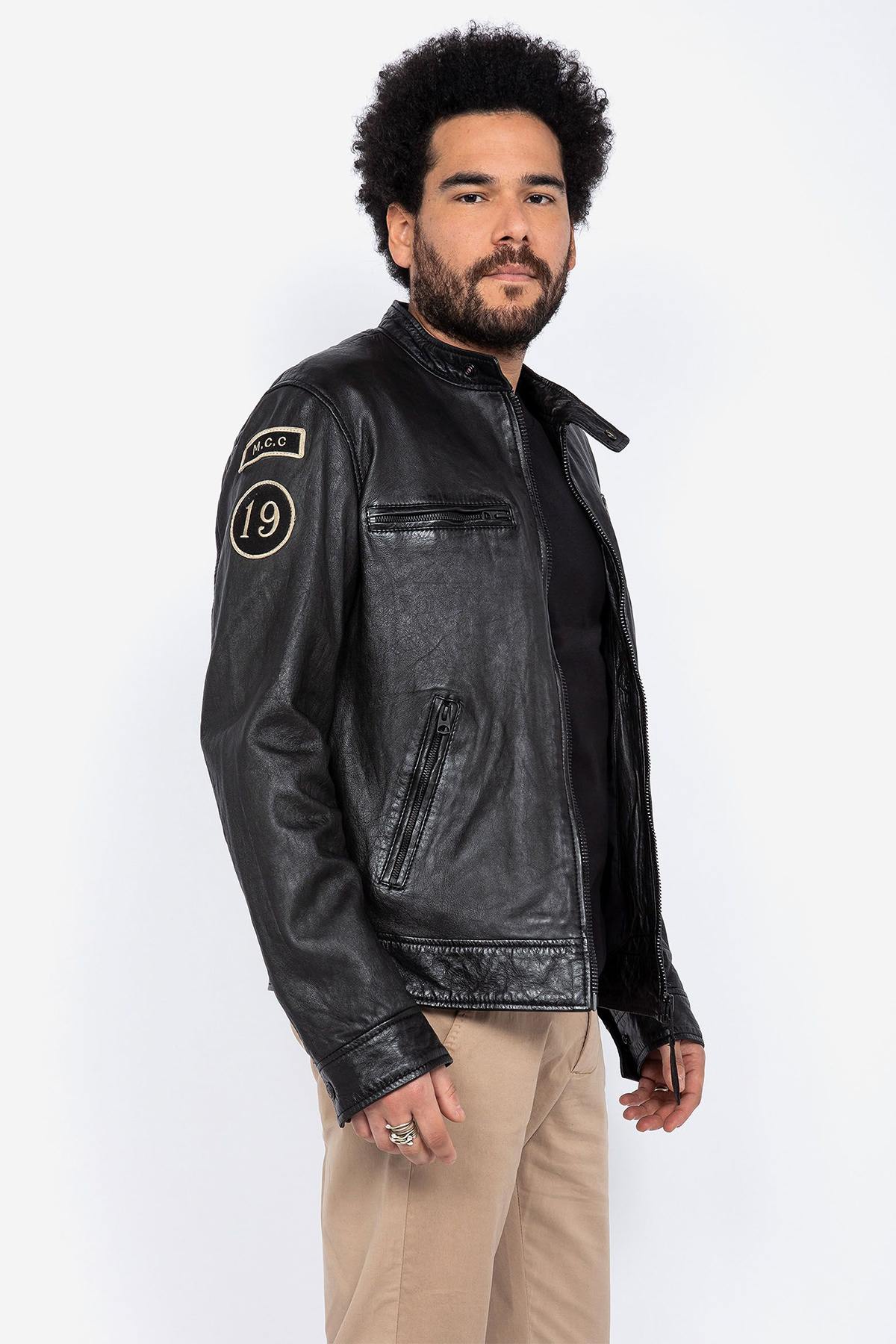 Black leather jacket with mandarin collar - Image n°1