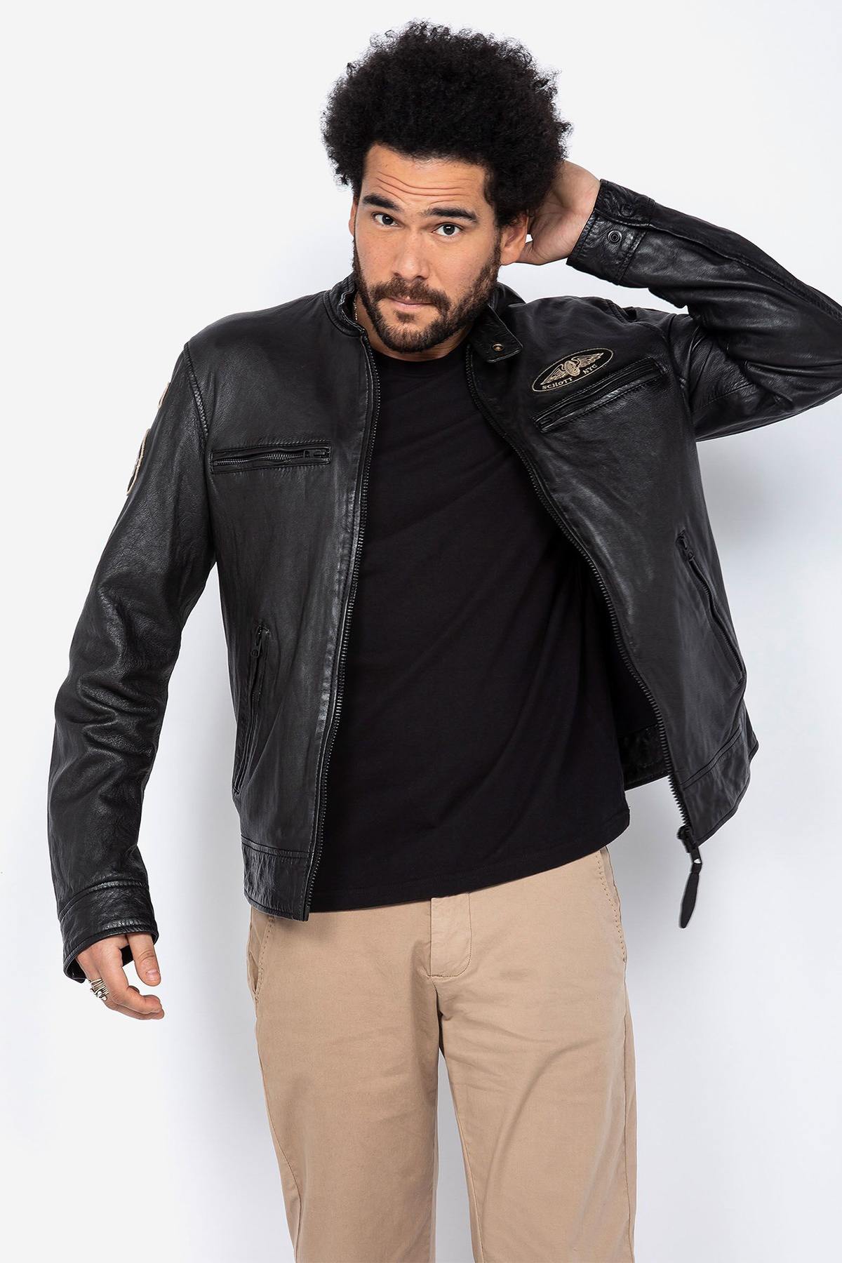 Black leather jacket with mandarin collar - Image n°4