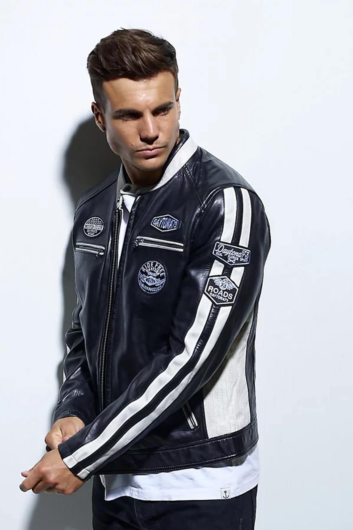 Black and white vintage racing leather jacket - Image n°1