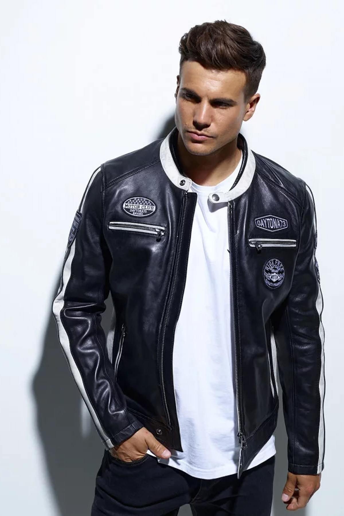 Black and white vintage racing leather jacket - Image n°2