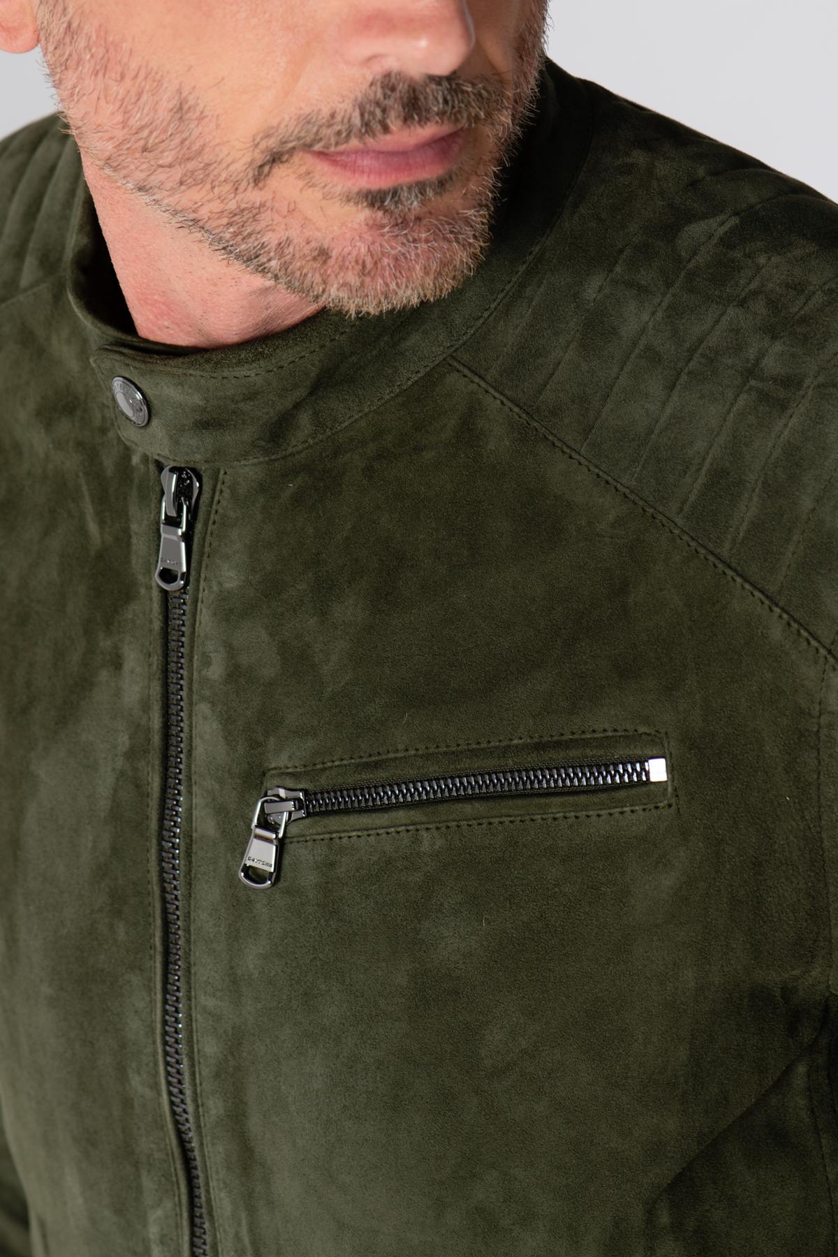 Khaki velvet goatskin leather jacket - Image n°8