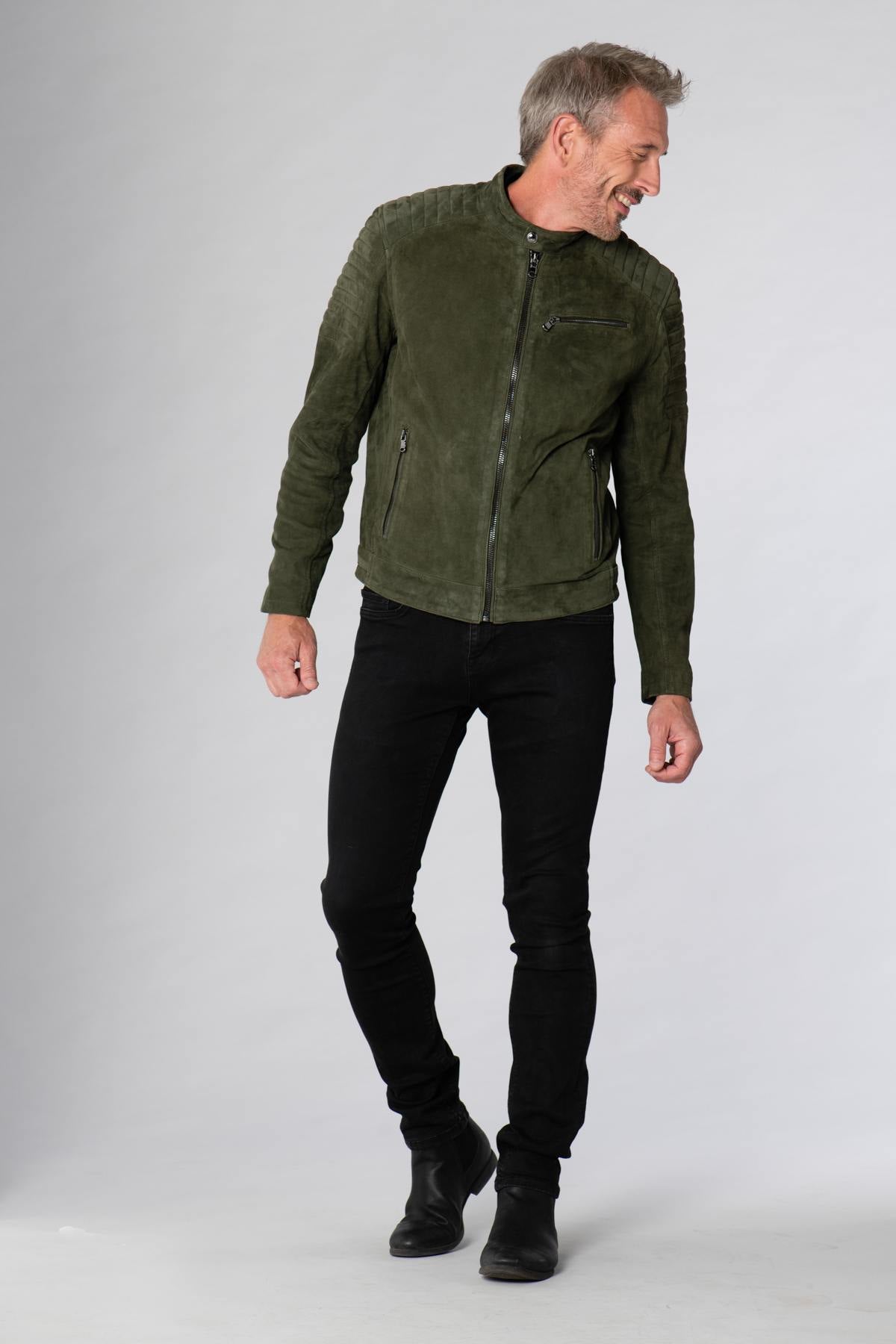 Khaki velvet goatskin leather jacket - Image n°2