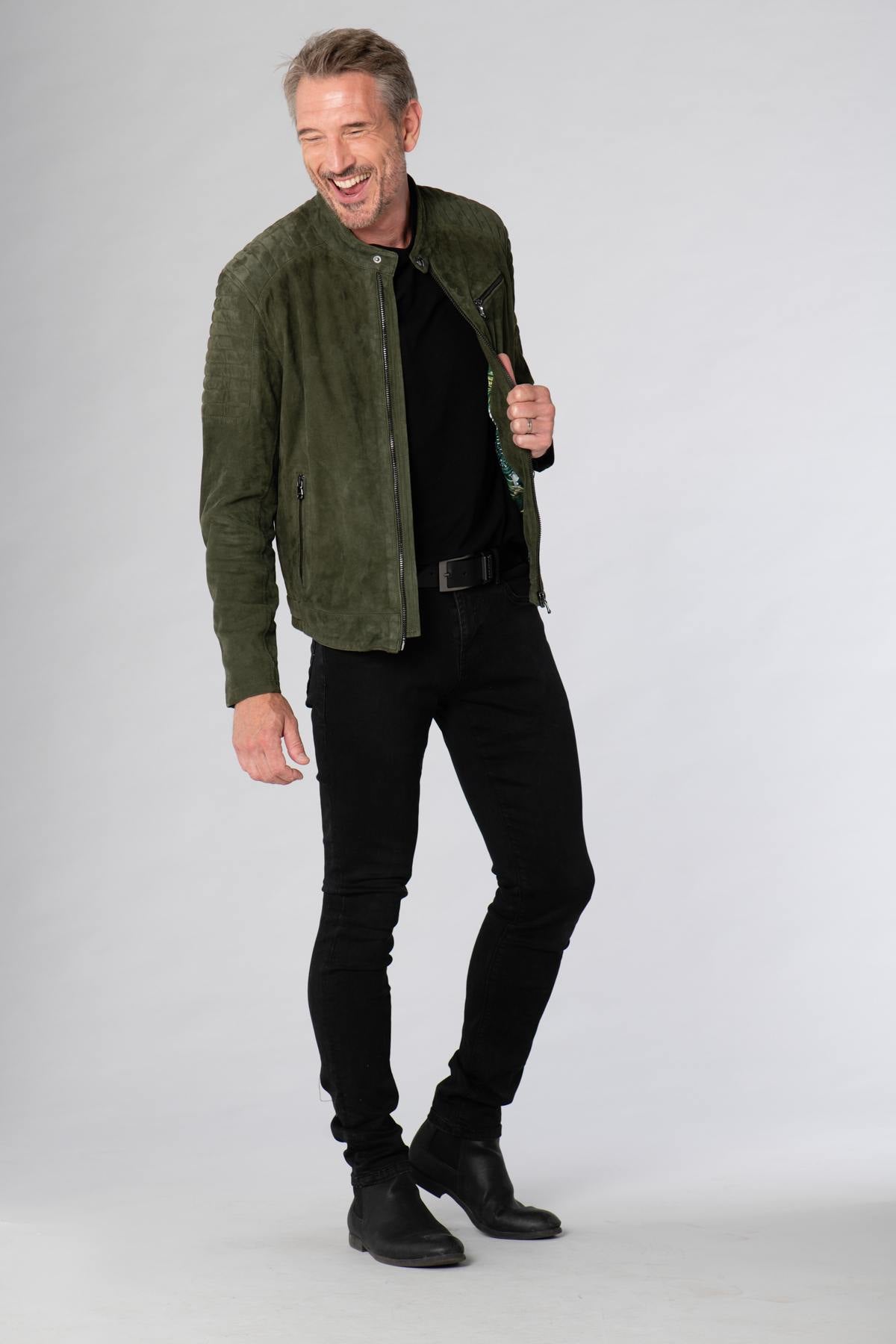 Khaki velvet goatskin leather jacket - Image n°9