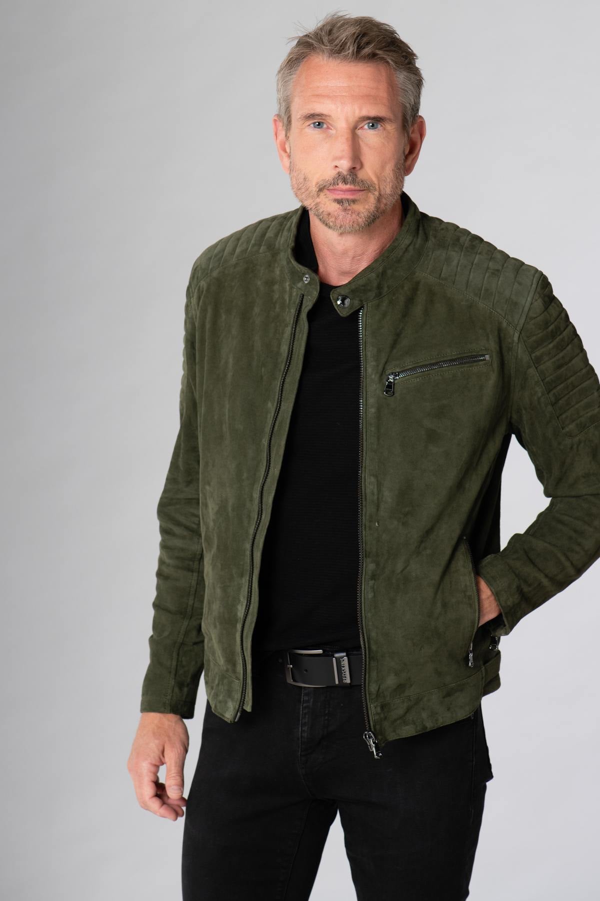 Khaki velvet goatskin leather jacket - Image n°10