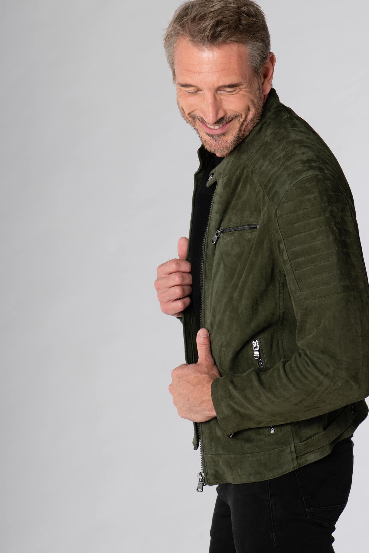 Khaki velvet goatskin leather jacket - Image n°5