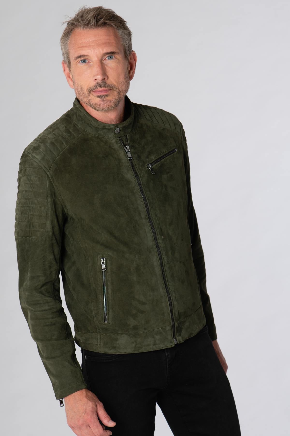 Khaki velvet goatskin leather jacket - Image n°3