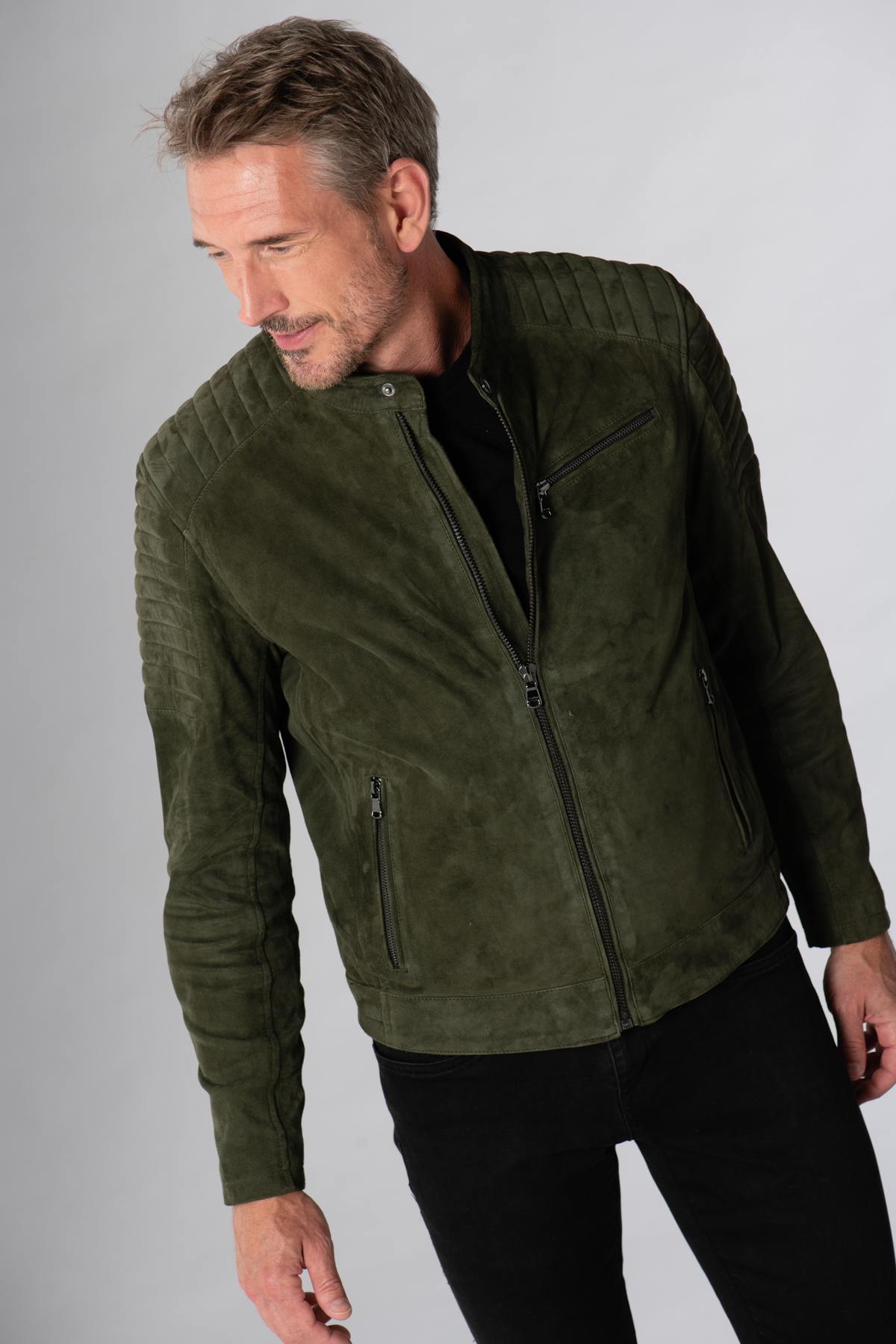 Khaki velvet goatskin leather jacket - Image n°4