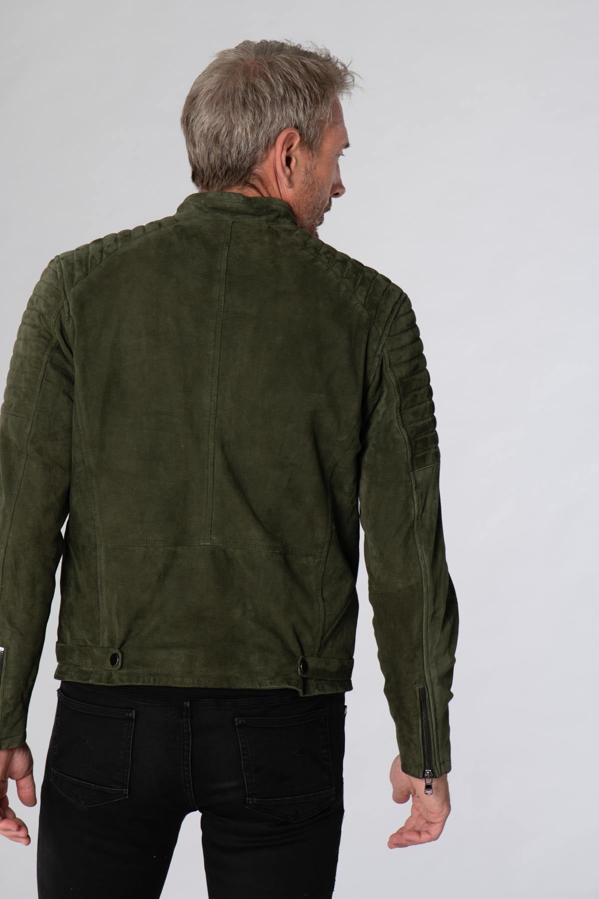 Khaki velvet goatskin leather jacket - Image n°7