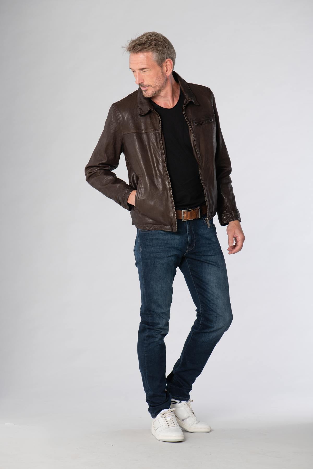 Brown leather shirt collar jacket - Image n°2