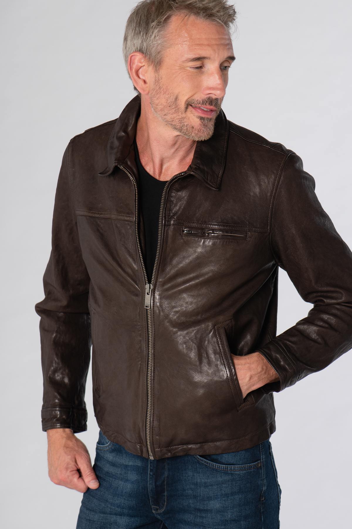 Brown leather shirt collar jacket - Image n°3