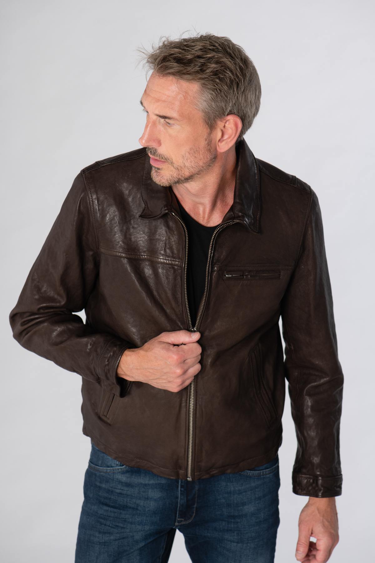 Brown leather shirt collar jacket - Image n°1