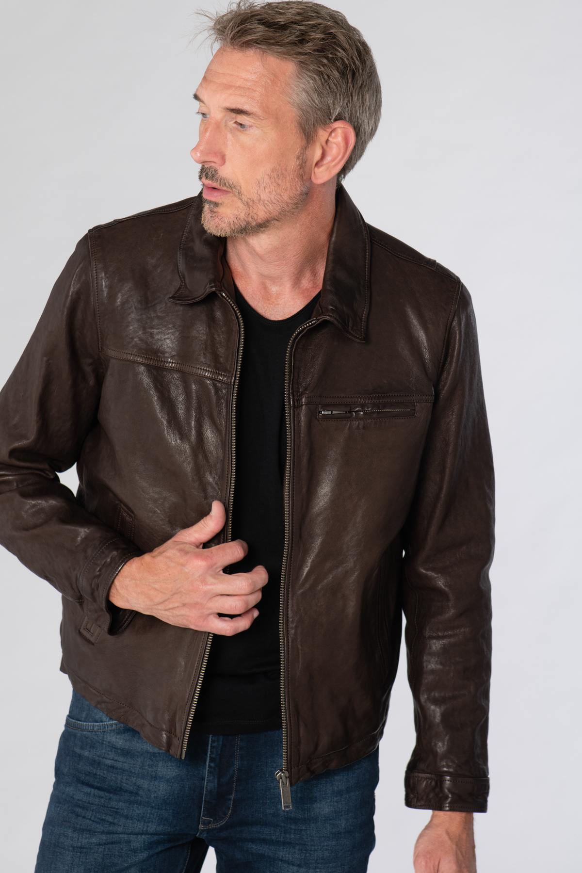 Brown leather shirt collar jacket - Image n°5