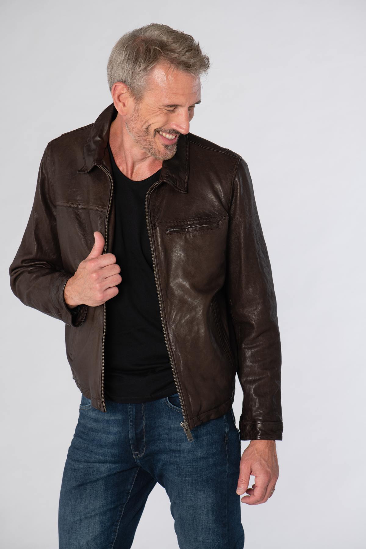 Brown leather shirt collar jacket - Image n°6