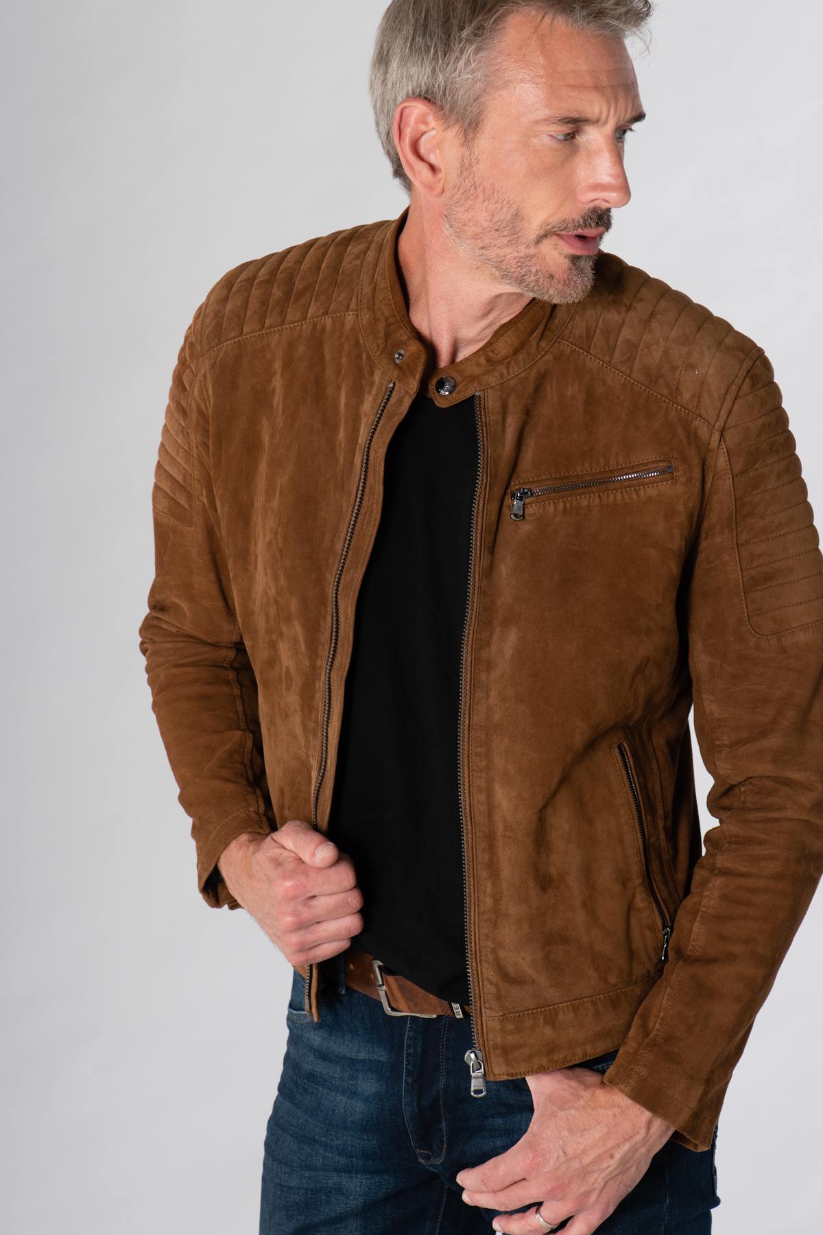 Light brown suede-look leather jacket - Image n°6