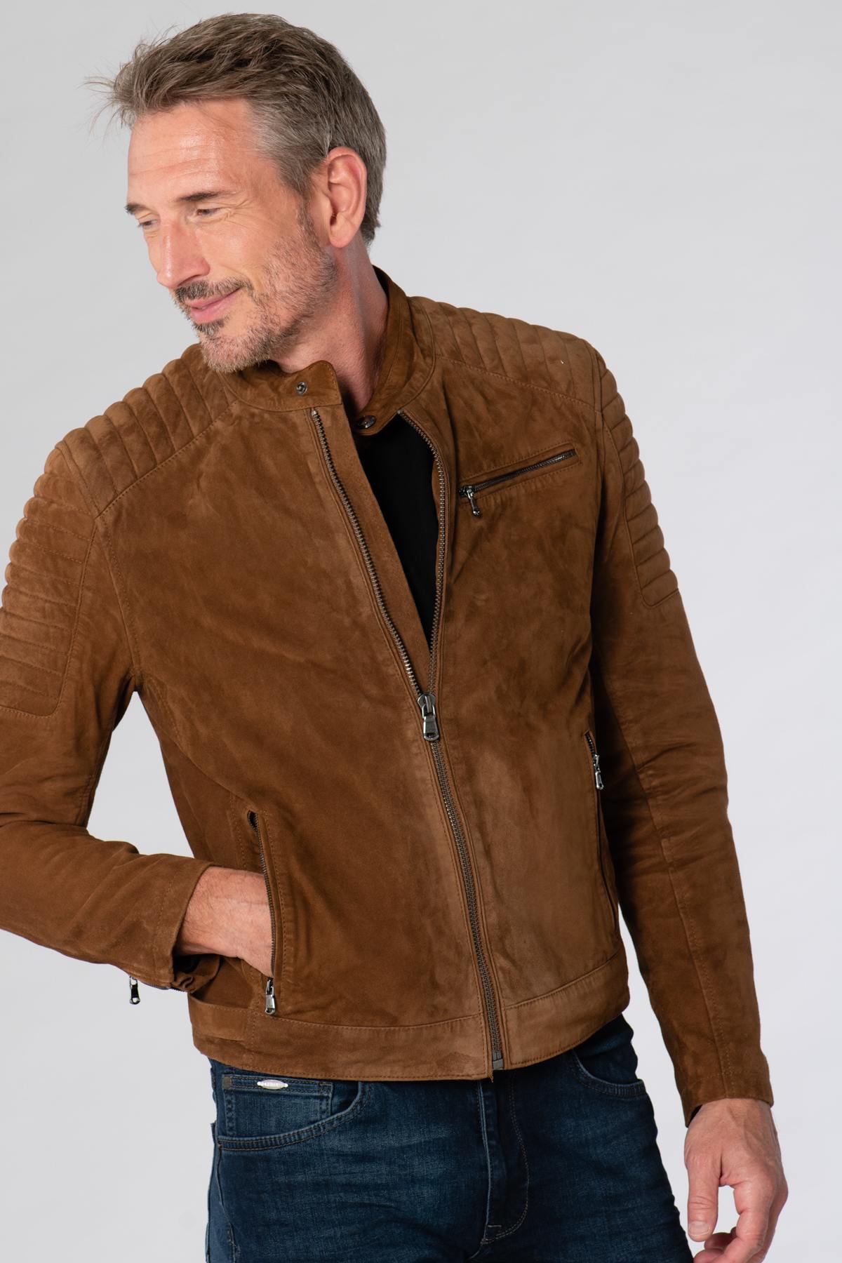 Light brown suede-look leather jacket - Image n°1