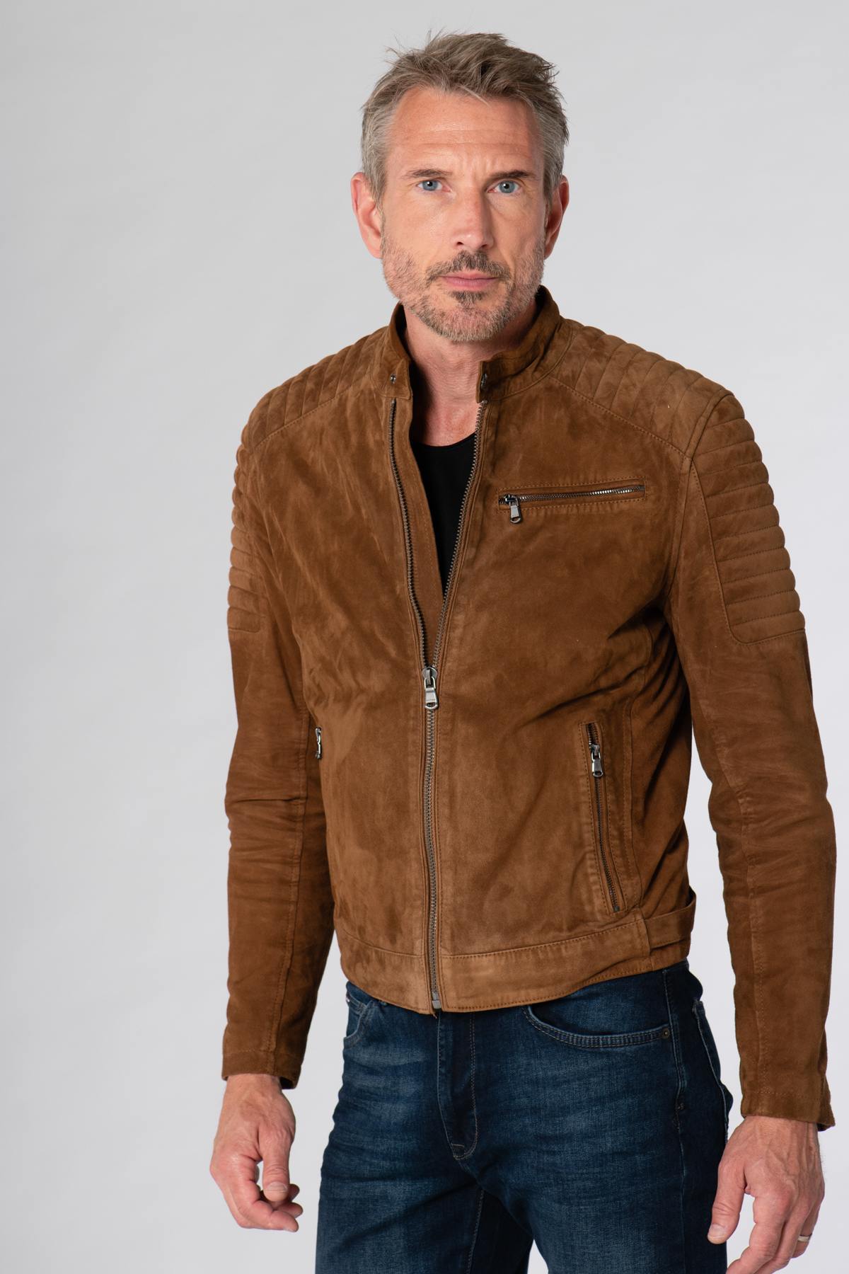 Light brown suede-look leather jacket - Image n°7