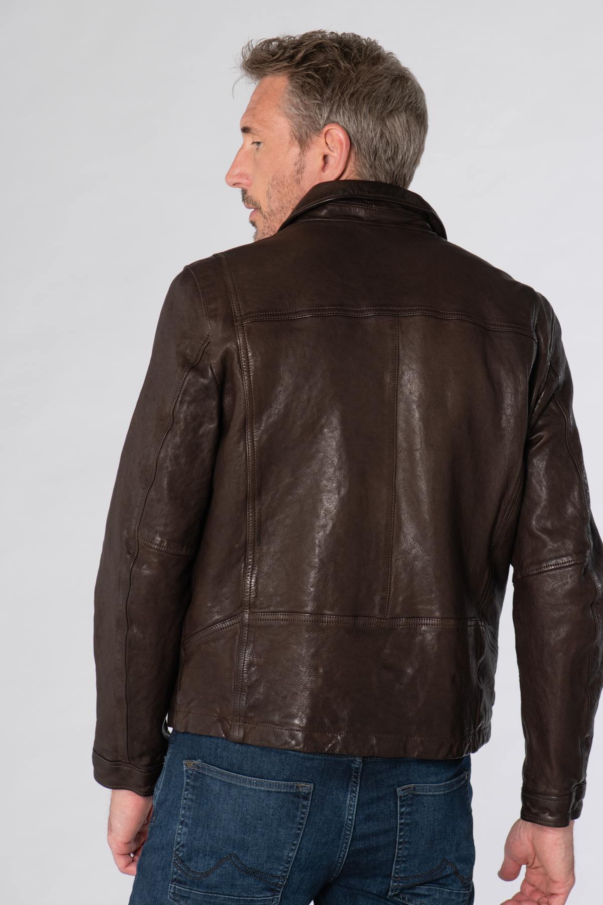 Brown leather shirt collar jacket - Image n°7