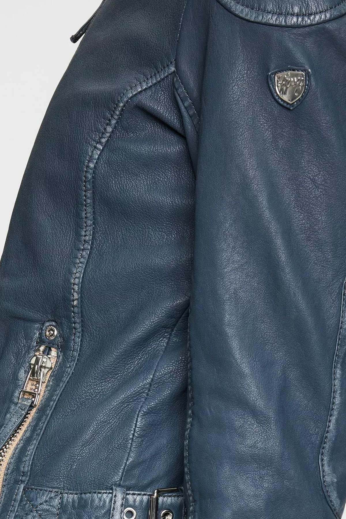 Blue leather jacket with removable hood - Image n°5