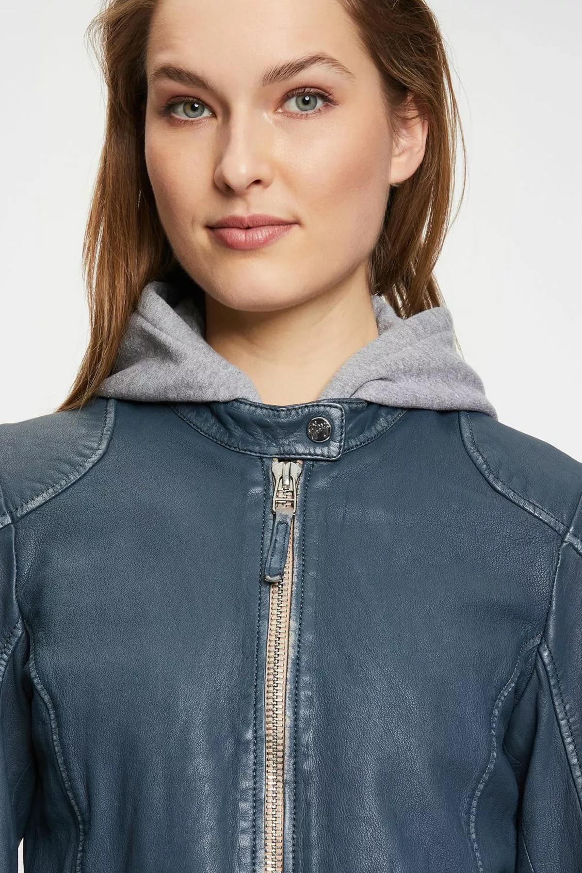 Blue leather jacket with removable hood - Image n°4